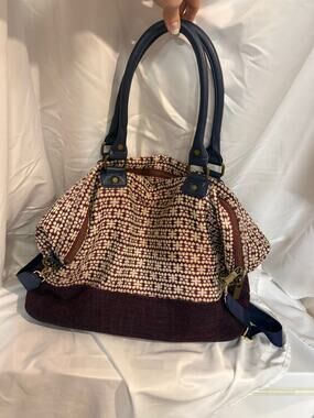 Deux Lux Burgundy Cream Woven Satchel Tote Navy Handles Crossbody Strap
